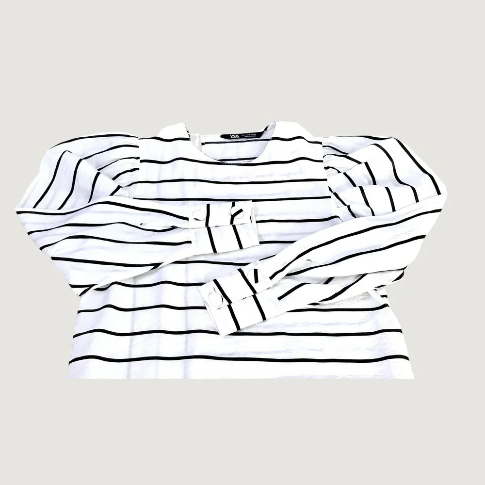 Zara Striped Puff Sleeve Blouse White Black Size Medium Cotton Blend Top